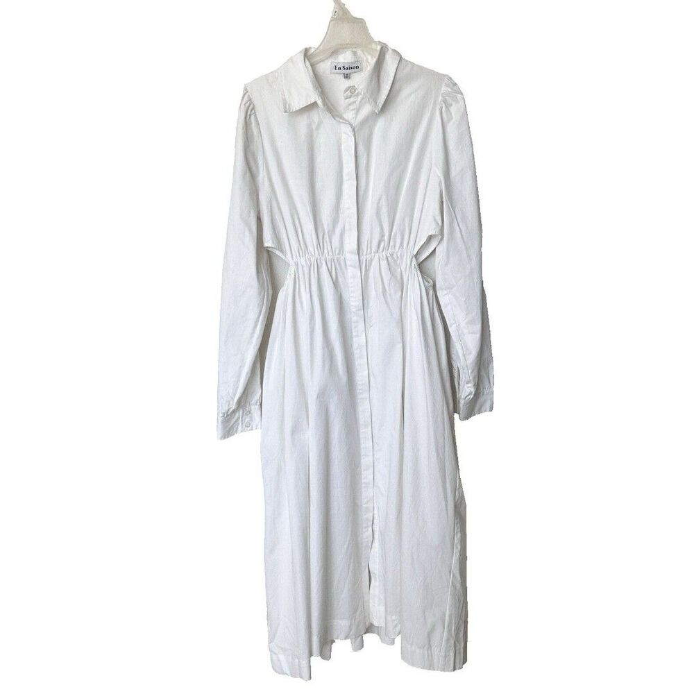 En Season M Button Front Ruched Detail Cut Out Button Down midi White Dress